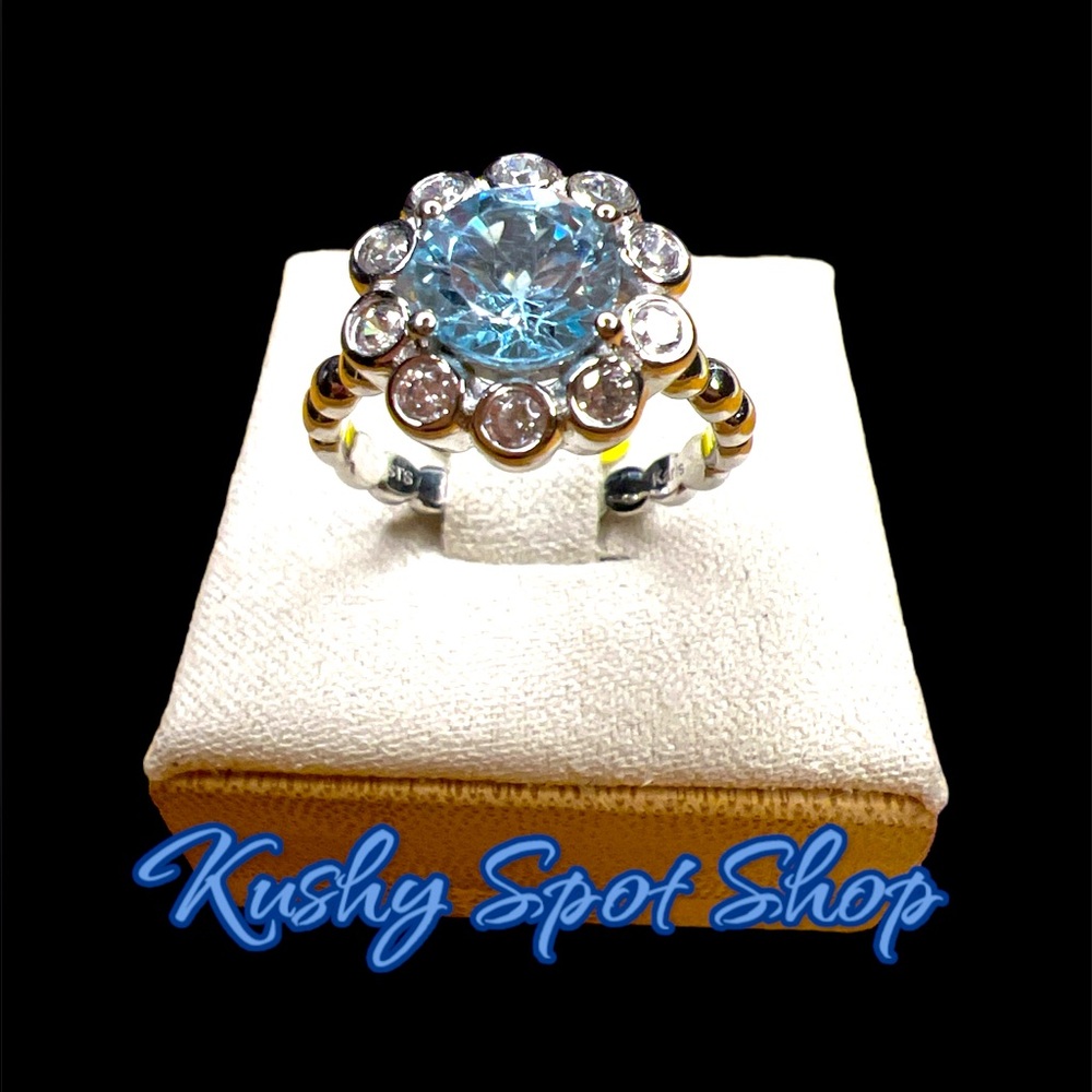 NWT 🩵 KARIS™️ STS Sterling Silver AQUAMARINE Crystal 🩵 Floral Design Ring sz. 6